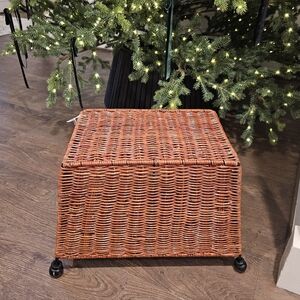 Vintage Wicker Stool with Wood Ball Feet – Mid-Century Rattan Riser